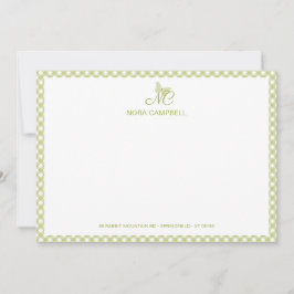Elegante Butterfly Monogram Green Gingham Note Car Mitteilungskarte
