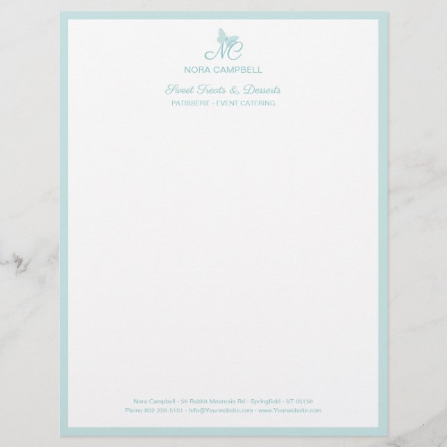 Elegante Butterfly Monogram Pastel Türkis Border Briefbogen (Vorderseite)