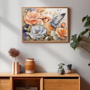 Elegante Butterfly Winged Bird und Blooms Art Poster