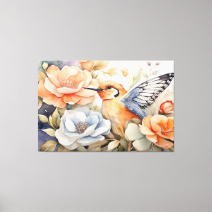 Elegante Butterfly Winged Bird und Blooms Leinwanddruck