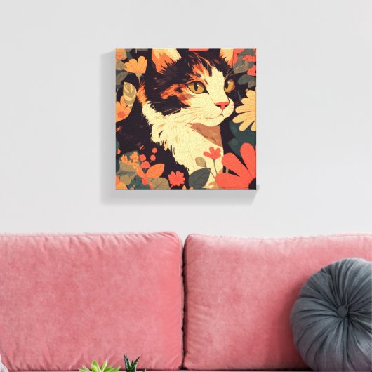 Elegante Calico Katze im Blumengarten Canvas Print Leinwanddruck (Insitu (Wohnzimmer))
