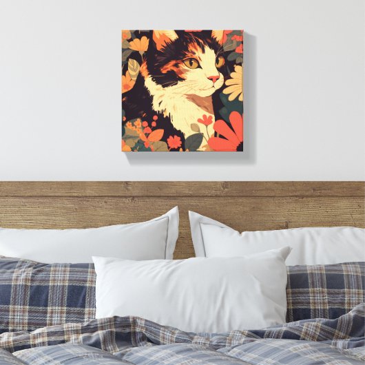 Elegante Calico Katze im Blumengarten Canvas Print Leinwanddruck (Insitu (Schlafzimmer))