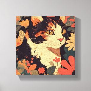 Elegante Calico Katze im Blumengarten Canvas Print Leinwanddruck