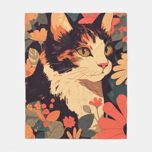 Elegante Calico Katze im Blumengarten Fleecedecke (Vorderseite)