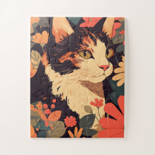 Elegante Calico Katze im Blumengarten Jigsaw Puzzl Puzzle