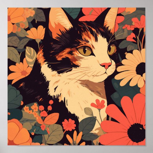 Elegante Calico Katze im Blumengarten Matte Poster (Vorne)