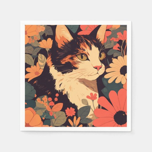 Elegante Calico Katze im Blumengarten Serviette (Vorderseite)