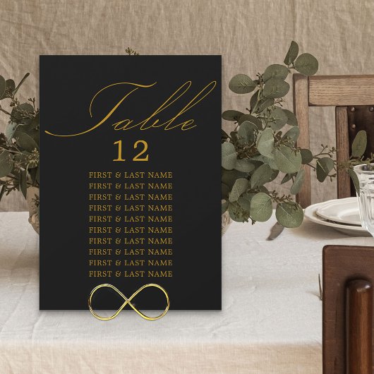 Elegante Calligrafy Black Gold Table Sitzkarte Einladung