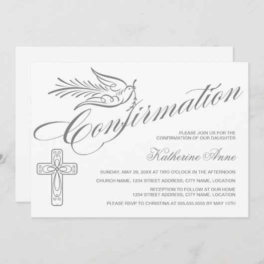 Elegante Calligrafy Cross and Dove Bestätigung Einladung (Vorne/Hinten)