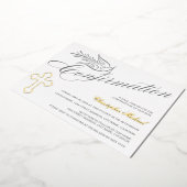 Elegante Calligrafy Cross and Dove Bestätigung Folieneinladung (Gedreht)