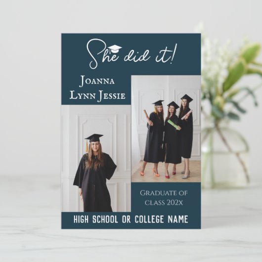 elegante Calligrafy Graduate Foto Einladung (Stehend Vorderseite)