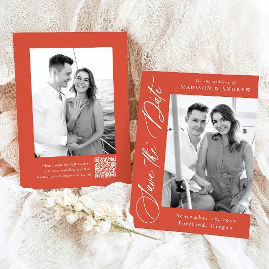 Elegante Calligrafy Orange Foto QR Code Hochzeit Save The Date