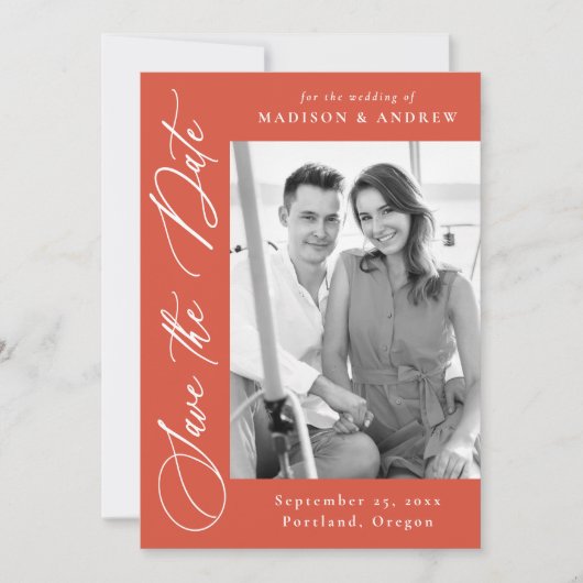 Elegante Calligrafy Orange Foto QR Code Hochzeit Save The Date (Vorderseite)