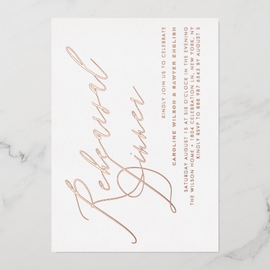 Elegante Calligrafy Rose Gold Probe Abendessen Folieneinladung (Vorderseite)