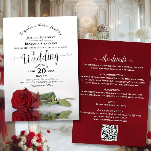 Elegante Calligrafy Rote Rose QR Code Wedding Einladung