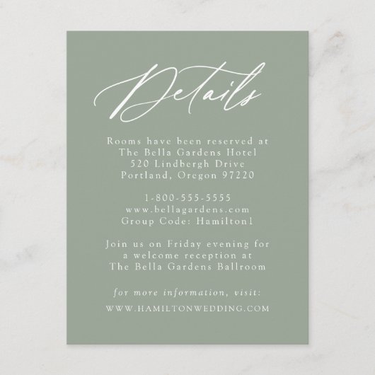 Elegante Calligrafy Sage Green Wedding Details Begleitkarte (Vorderseite)