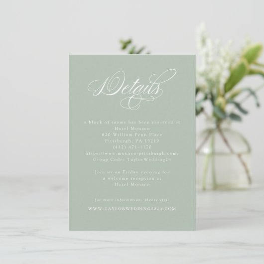 Elegante Calligrafy Sage Green Wedding Details Begleitkarte (Stehend Vorderseite)