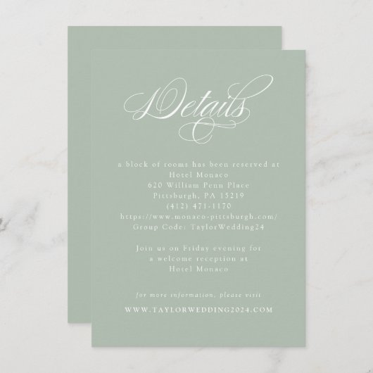 Elegante Calligrafy Sage Green Wedding Details Begleitkarte (Vorne/Hinten)