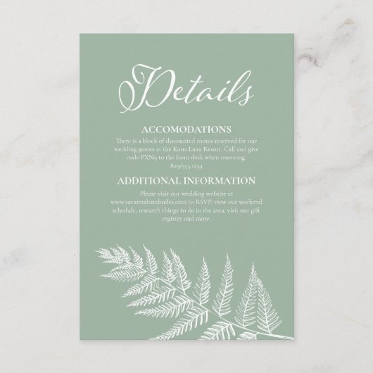 Elegante Calligrafy Sage Green Wedding Details Begleitkarte (Vorderseite)