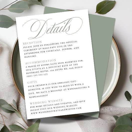 Elegante Calligrafy Sage Green Wedding Details Begleitkarte