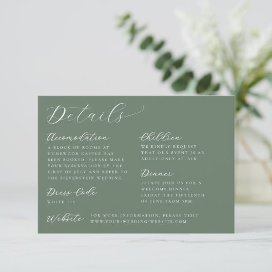 Elegante Calligrafy Sage Green Wedding Details Begleitkarte (Stehend Vorderseite)