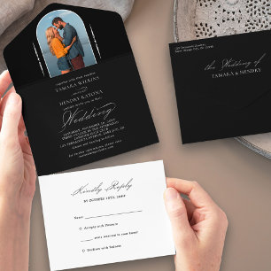 Elegante Calligrafy Schwarz-weiß Foto UAWG Wedding All In One Einladung