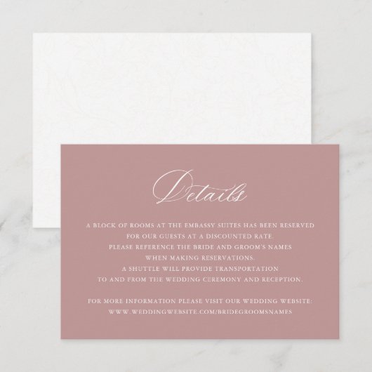 Elegante Calligrafy Script Wedding Details Rose Einladung (Vorne/Hinten)