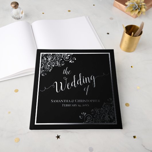 Elegante Calligraphie Black & Silver Foil Wedding Gästebuch (Vorderseite Offen)