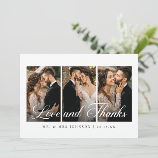 Elegante Calligraphie Foto Collage Wedding Dankeskarte (Stehend Vorderseite)