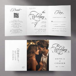 Elegante Calligraphie Hochzeit Schwarz & Weiß Dreifach Gefaltete Einladung