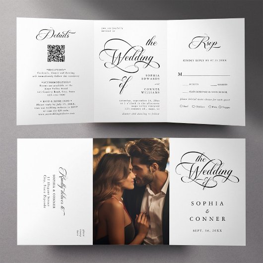 Elegante Calligraphie Hochzeit Schwarz & Weiß Dreifach Gefaltete Einladung