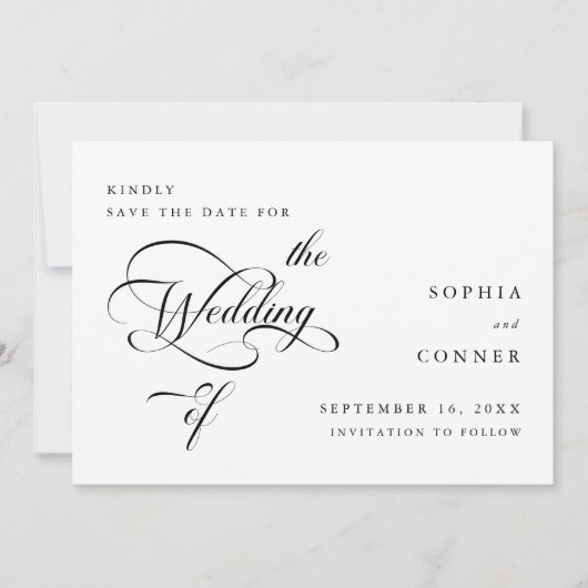 Elegante Calligraphie Hochzeit Schwarz & Weiß Save The Date (Vorderseite)