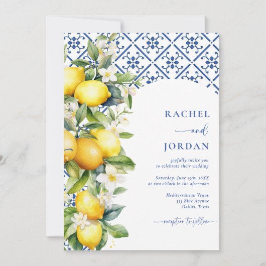 Elegante Calligraphie Lemon Mediterrane Hochzeit Einladung (Vorderseite)