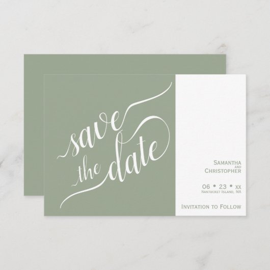 Elegante Calligraphie Minimalistisch Sage Green We Save The Date (Vorne/Hinten)