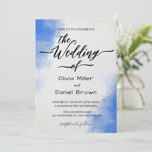Elegante Calligraphie Moderne blaue Wasserfarbenho Einladung (Stehend Vorderseite)