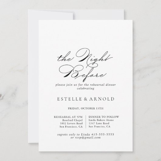 Elegante Calligraphie Night Before Probe Dinner Einladung (Vorderseite)