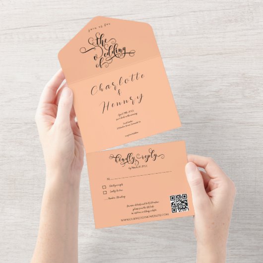 Elegante Calligraphie Peach QR Code Hochzeit All In One Einladung (Abreißen)