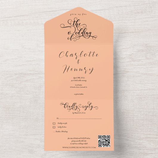 Elegante Calligraphie Peach QR Code Hochzeit All In One Einladung (Innen Boden)