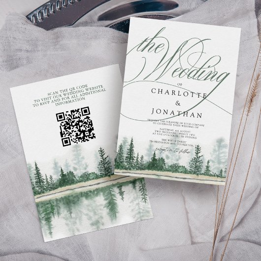Elegante Calligraphie Rustikaler Wald QR Code Hoch Einladung