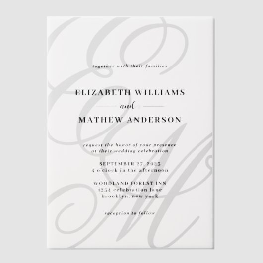 Elegante Calligraphie Schwarz-weiß Monogram Weddin Pergament Einladungen (Vorderseite)