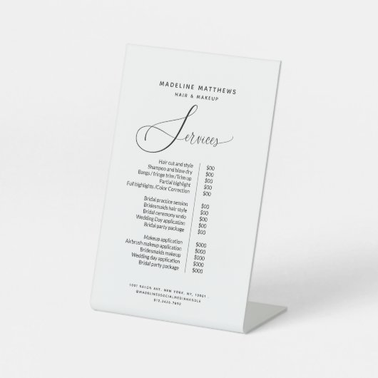 Elegante Calligraphie Schwarz-weiß Salon Preislist Sockelschild (Vorderseite)