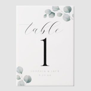 Elegante Calligraphie Script Eucalyptus-Tischnumme Pergament Einladungen