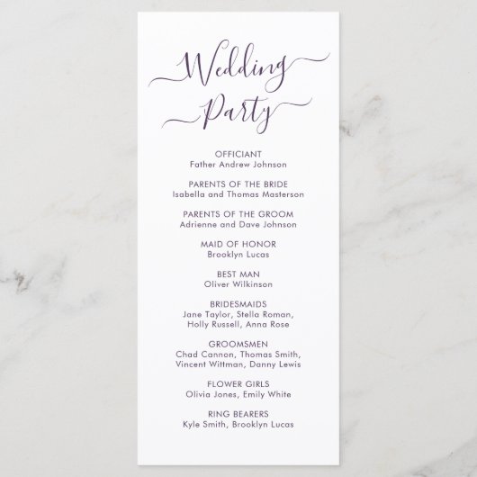 Elegante Calligraphie Script Lila Hochzeitsfeier Programm (Rückseite)