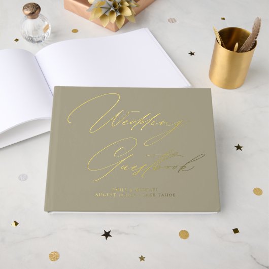 Elegante Calligraphie Taupe Gästebuch (Vorderseite offen)