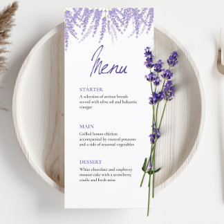 Elegante Calligraphie Watercolor Lavender Wedding Menükarte