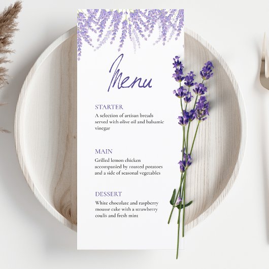Elegante Calligraphie Watercolor Lavender Wedding Menükarte