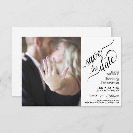 Elegante Calligraphie White 2 Pane Foto Hochzeit Save The Date (Vorne/Hinten)
