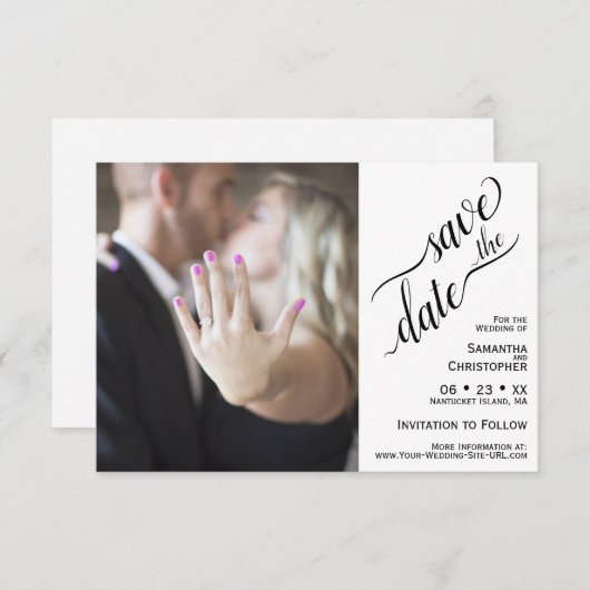 Elegante Calligraphie White Minimalistisch Wedding Save The Date (Vorne/Hinten)