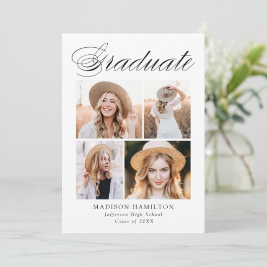 Elegante Calligraphy 4 Foto Graduation Party Einladung (Stehend Vorderseite)