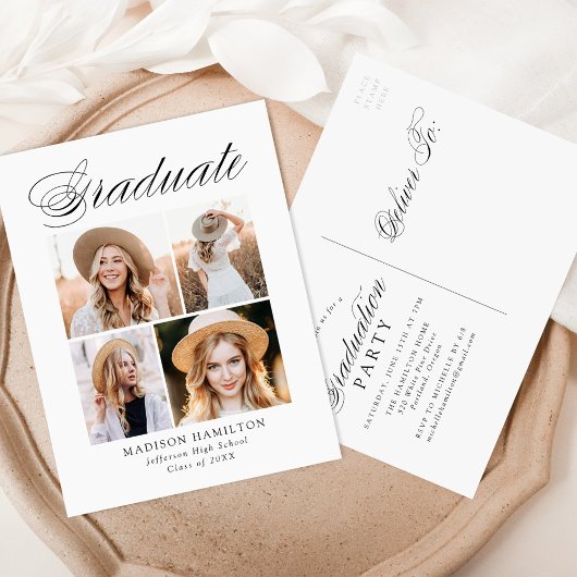 Elegante Calligraphy 4 Foto Graduation Party Einladungspostkarte